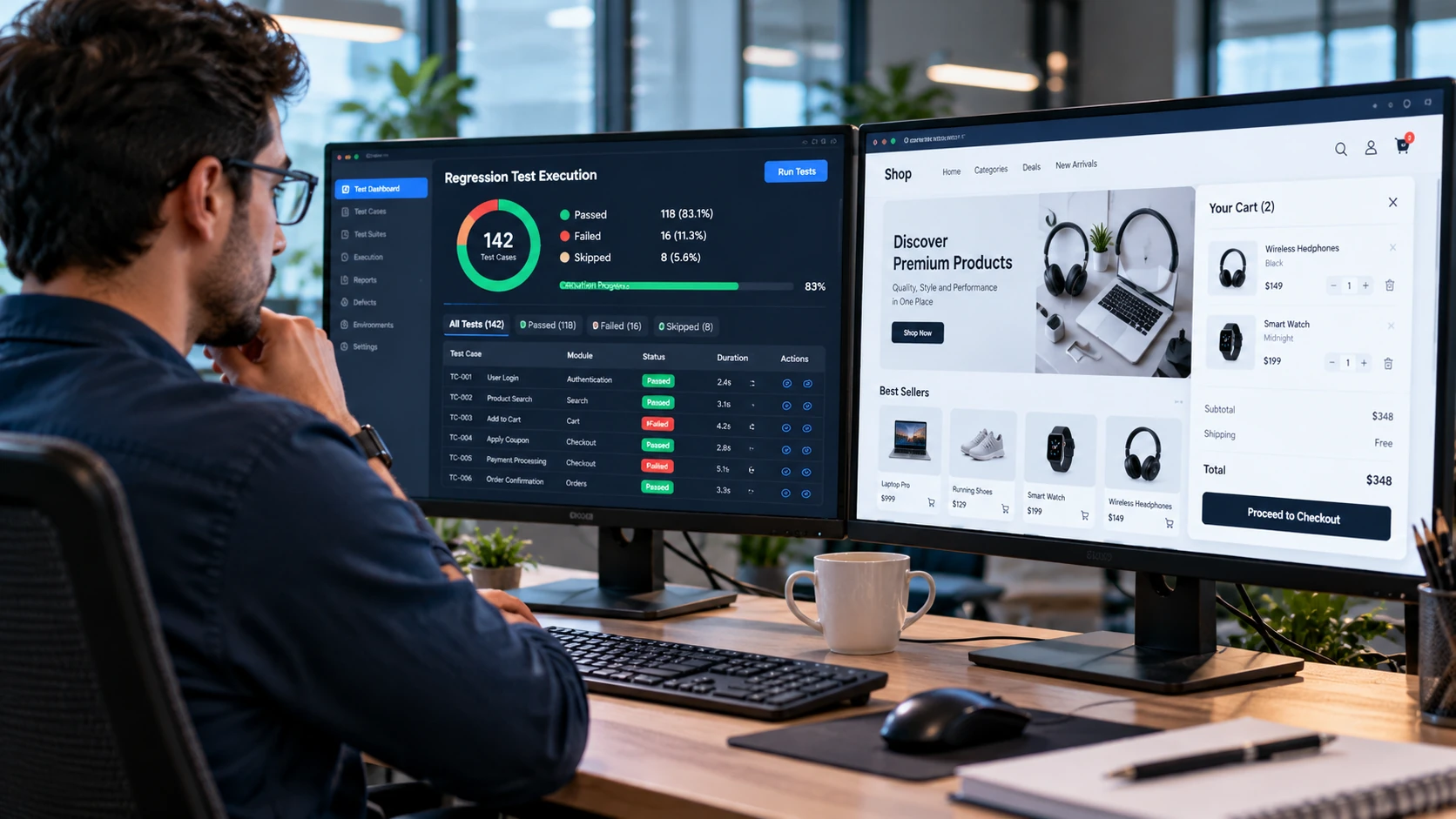 Regression testing results displayed on a software testing dashboard